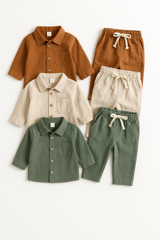 Cotton Linen Baby Boys Shirt Pant Set ( Pack of 3 )